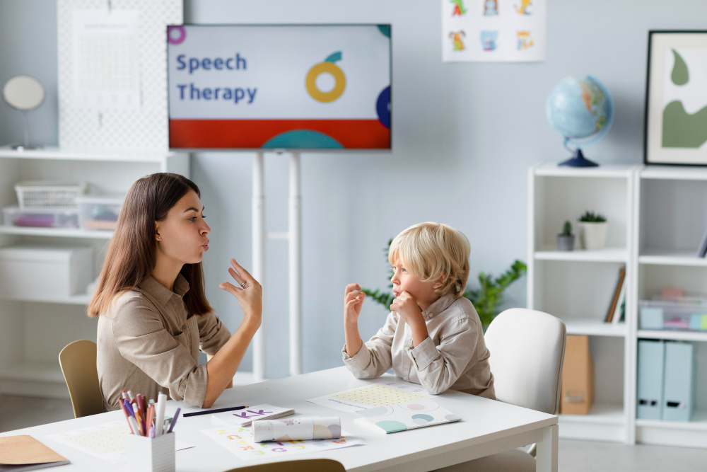 A private phonics tutor in Dubai using mouth to form words, making the lesson fun and interactive for a young student at their home.