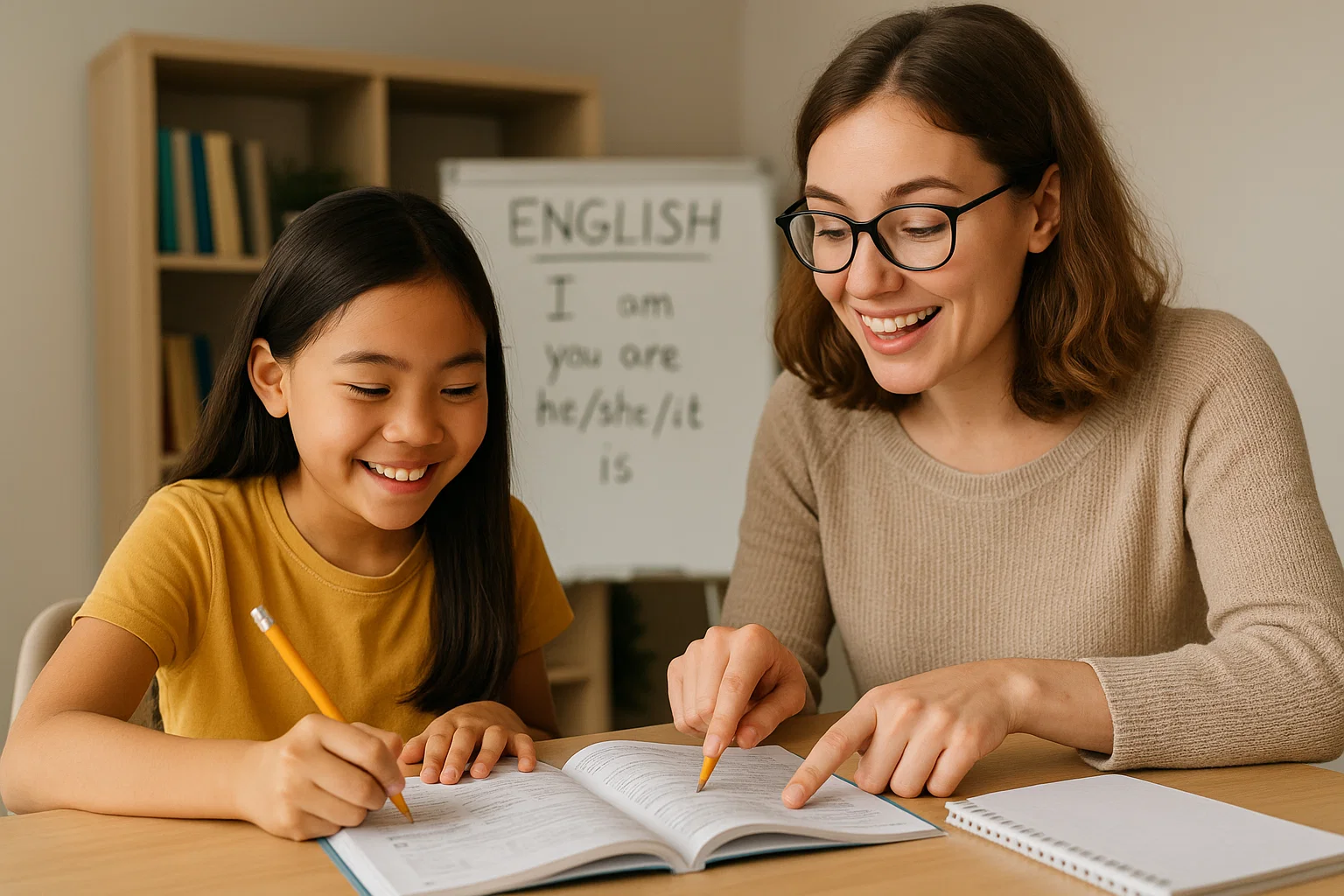 Expert English tutor in Dubai conducting a one-on-one, in-person tutoring session with a student to improve their essay writing skills for a school project.