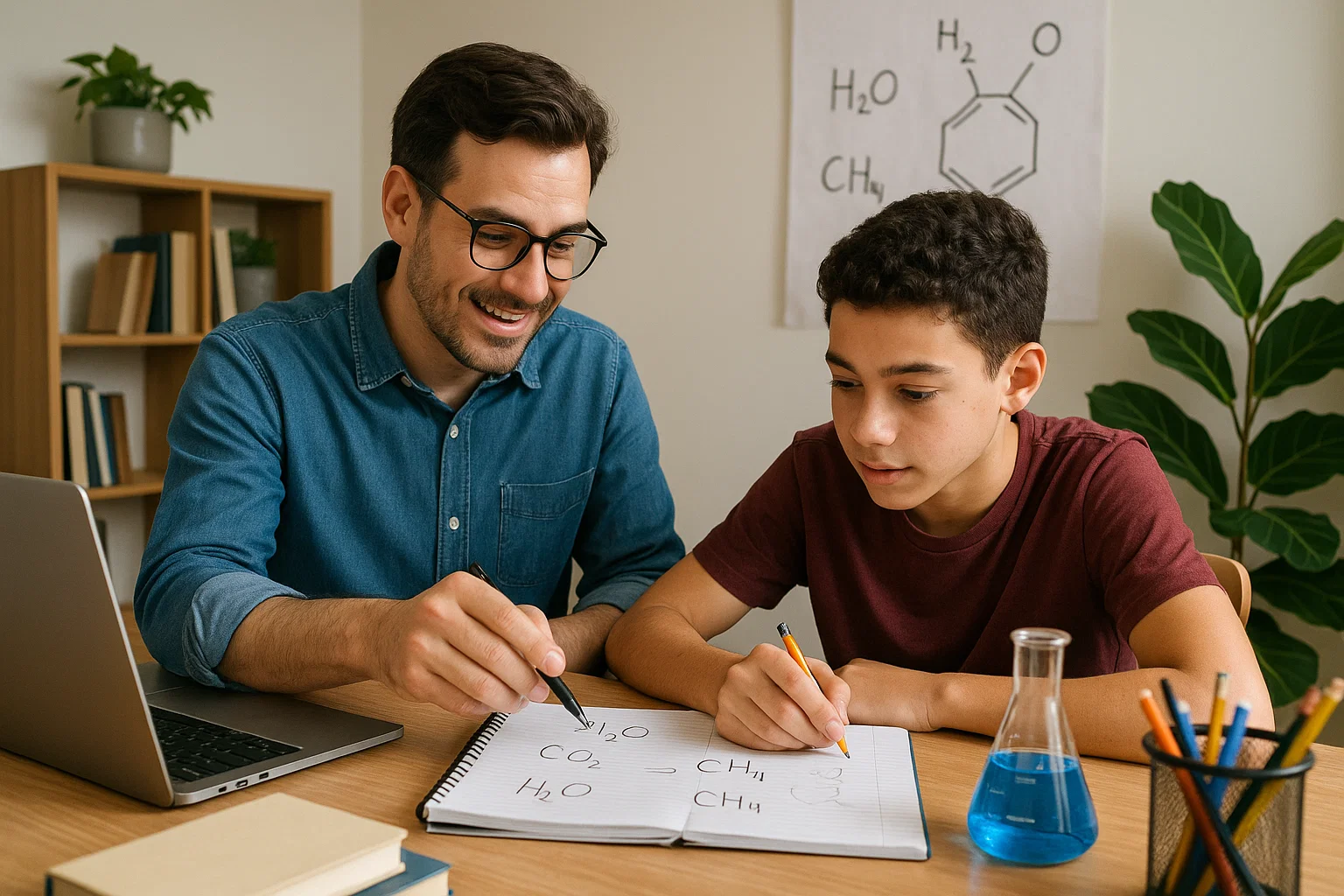 A friendly, professional private chemistry tutor in Dubai sitting at a home study desk, explaining a complex chemical equation to a focused student