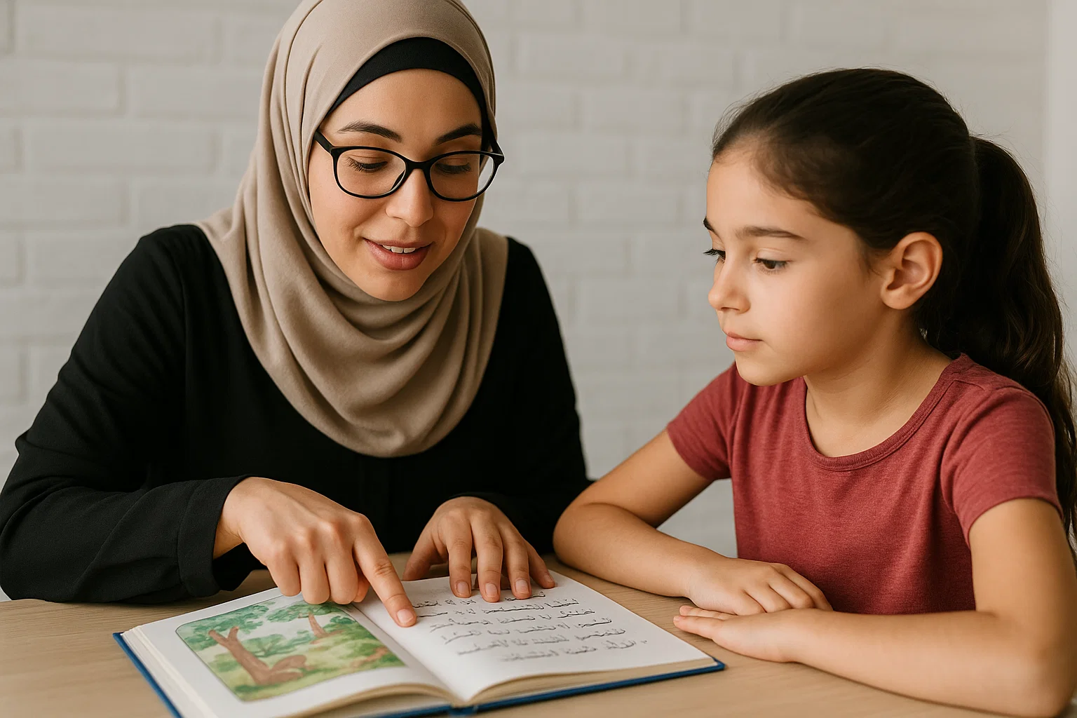 A female private Arabic tutor in Dubai pointing to a word in an Arabic storybook, with a student listening attentively. This image highlights the personalized, one-on-one attention of our service.