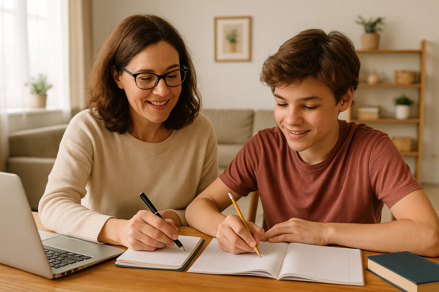 An expert science home tutor in Dubai sitting with a student at a dining table, pointing to a diagram in a textbook.